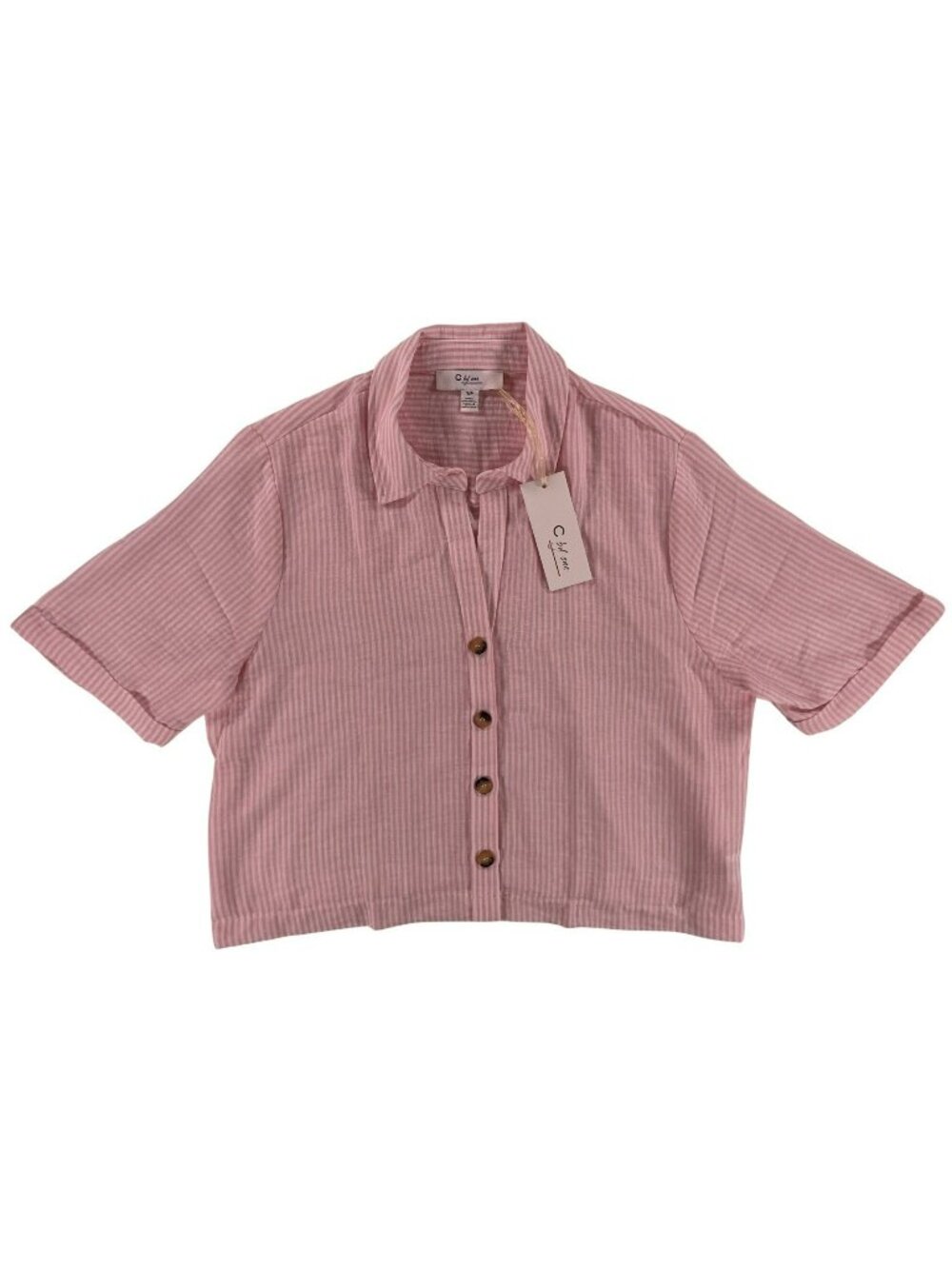 Poly Stripe Short Sleeve Button-Up Shirt  Back Yoke White Pink Women's Sz S NEW